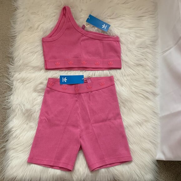 adidas Originals Pants - ADIDAS ORIGINALS Ribbed One-Shoulder Bra Top & Booty Biker Short Set in Fuchsia